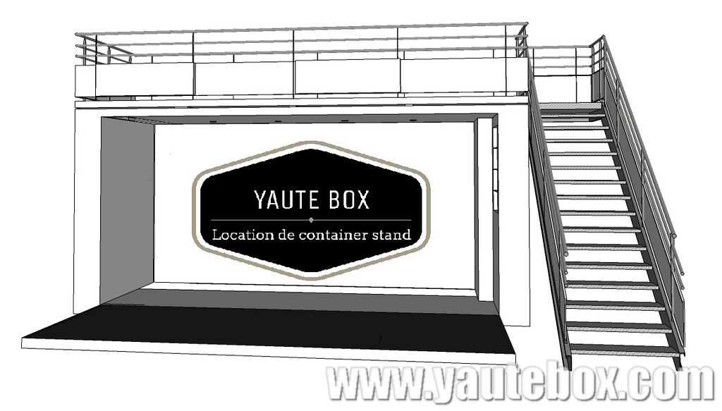plan 3d d'un container evenementiel avec une terrasse et un escalier