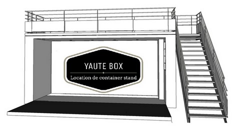plan 3d d'un container evenementiel avec une terrasse et un escalier